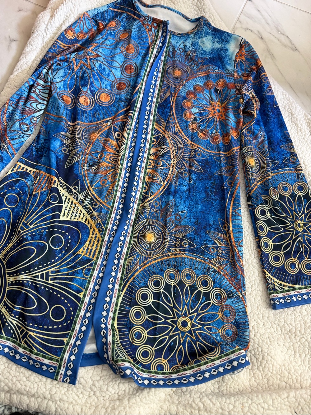 Blue Printed Longline Open Blazer Jacket with Metallic Motifs